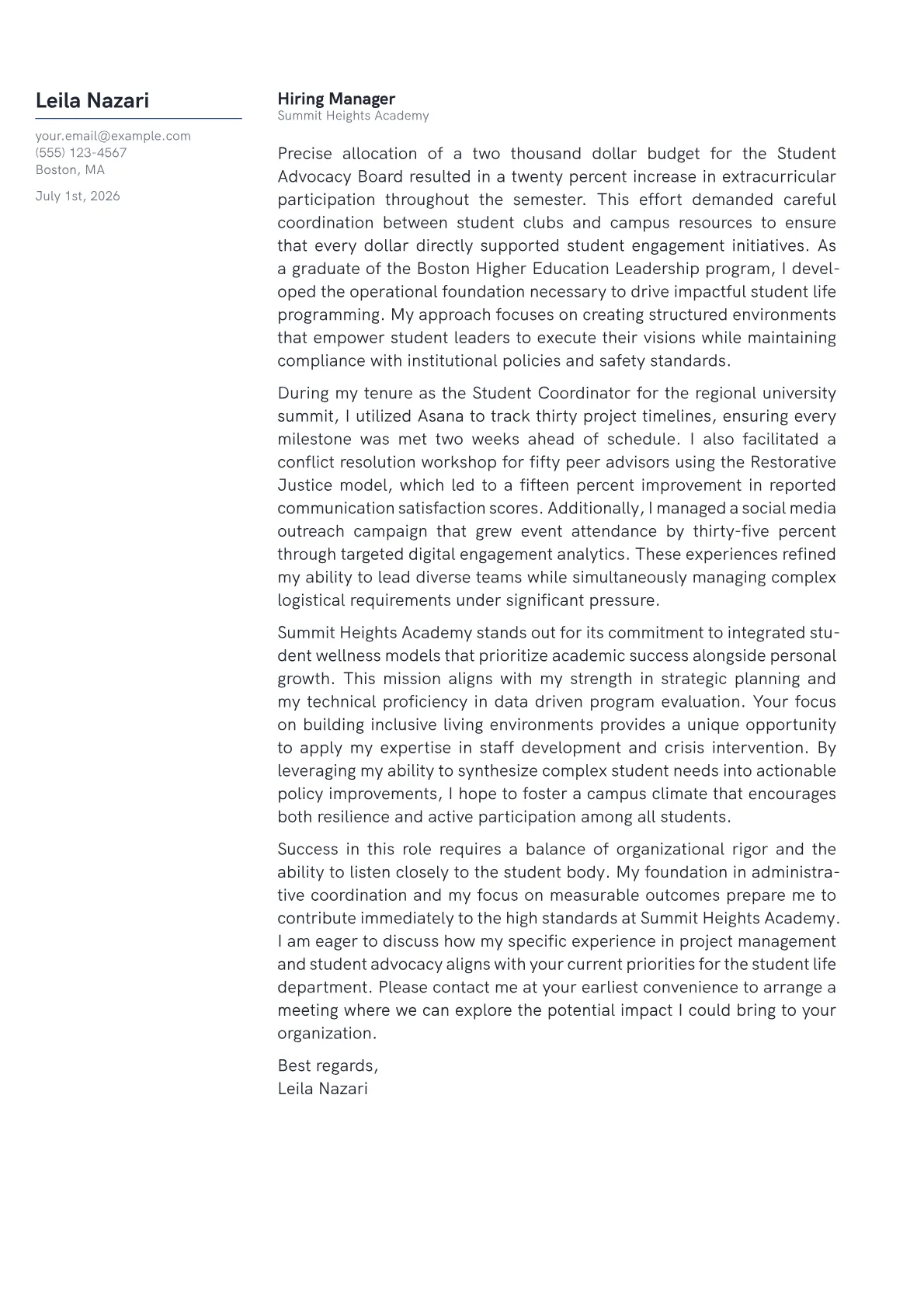 Director of Student Life cover letter in the Margin design