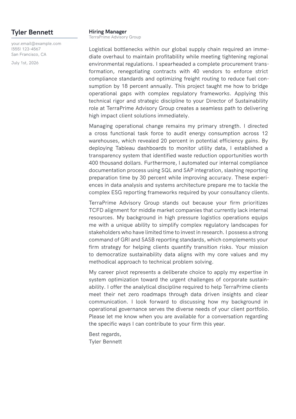 Director of Sustainability cover letter in the Margin design