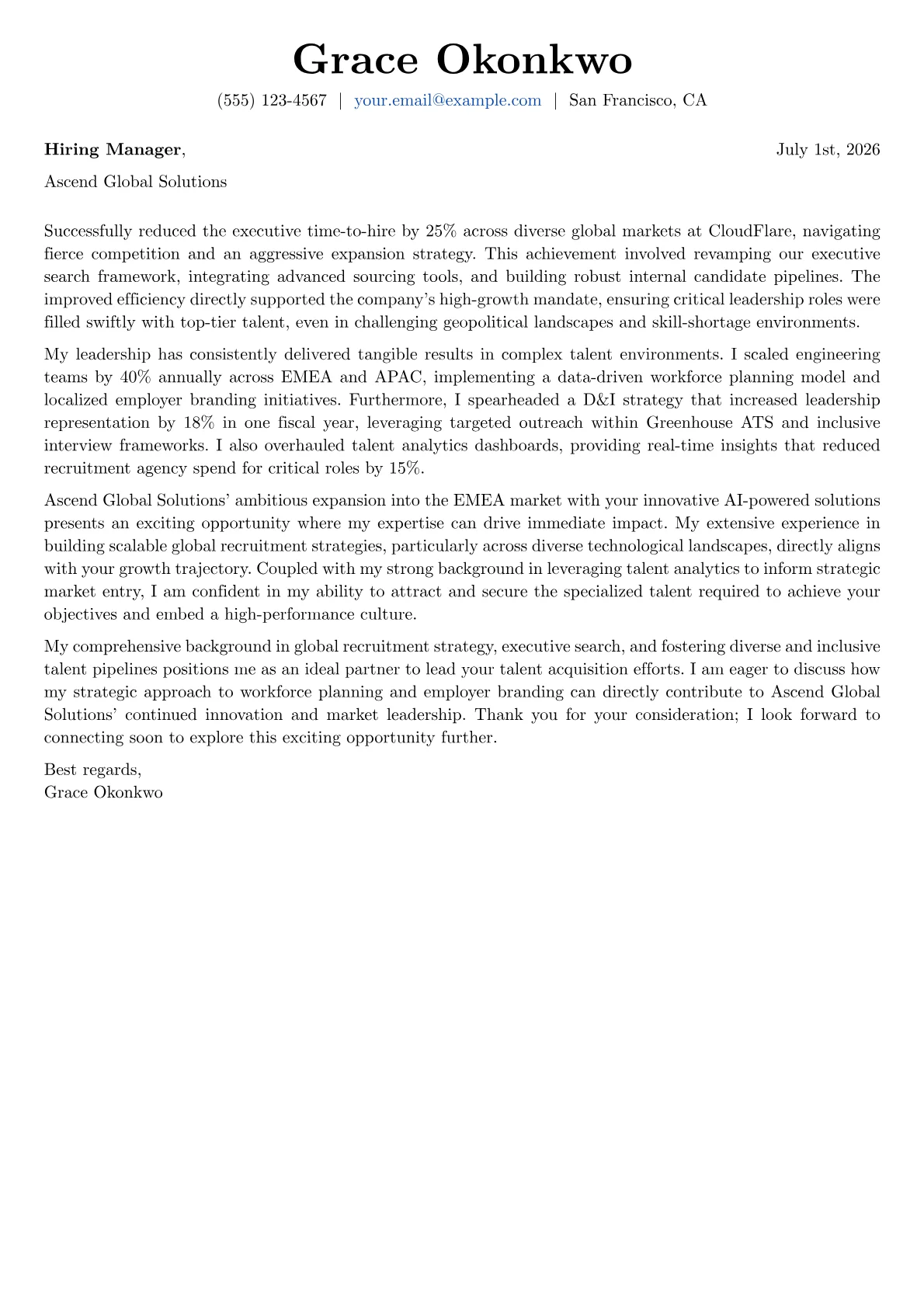 Director of Talent Acquisition cover letter formatted with a JobSprout template