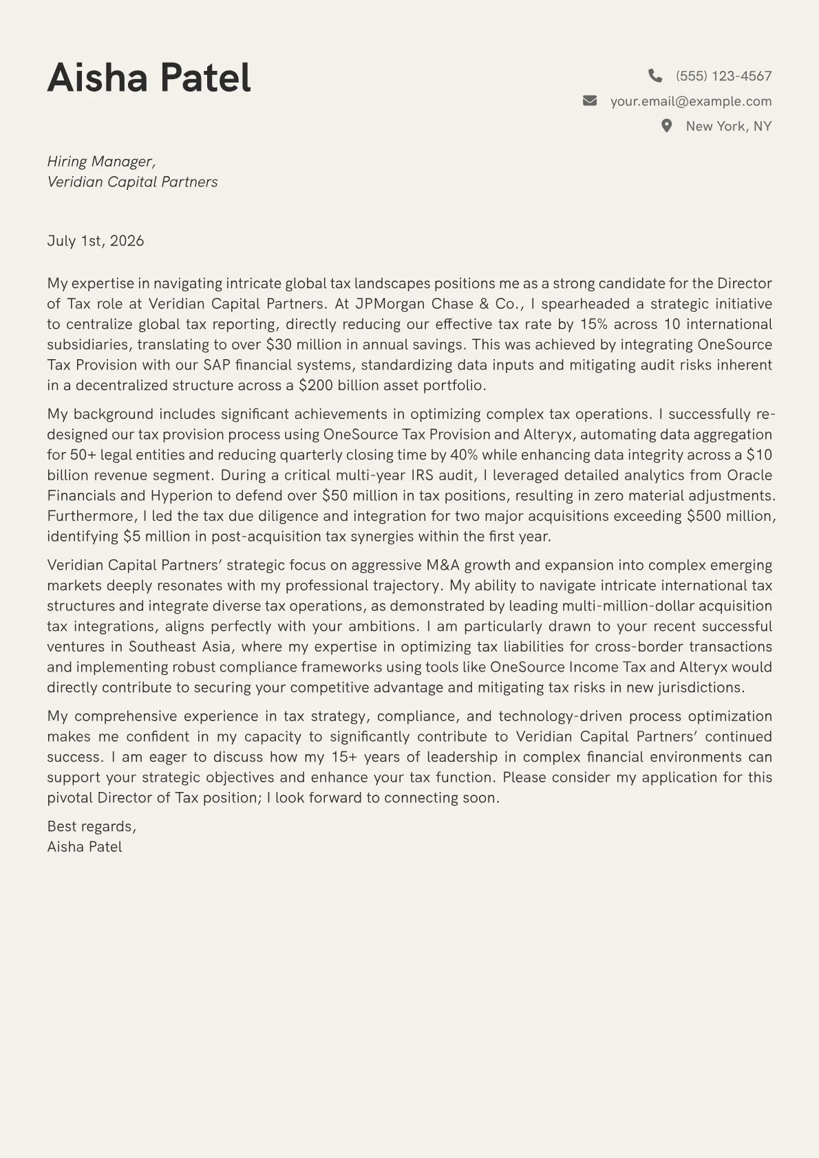 Director of Tax cover letter formatted with a JobSprout template