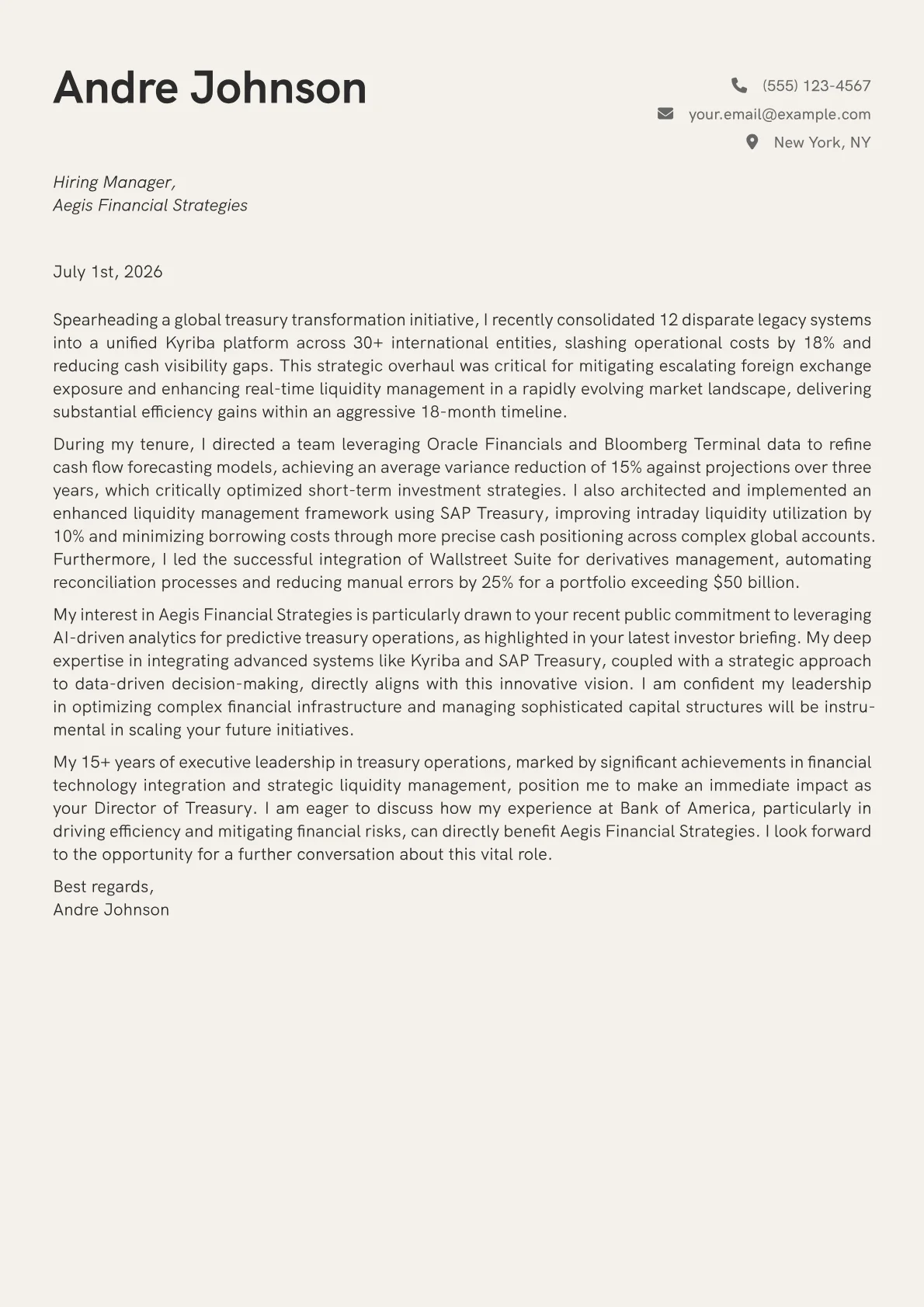 Director of Treasury cover letter formatted with a JobSprout template