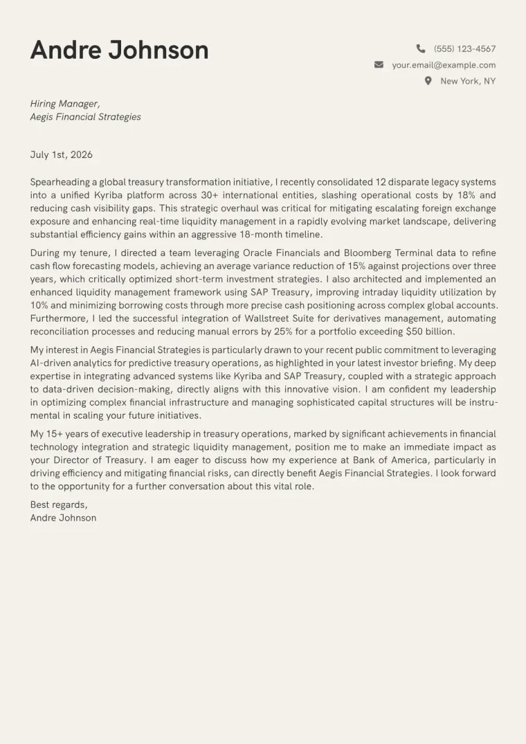 Director of Treasury cover letter example preview