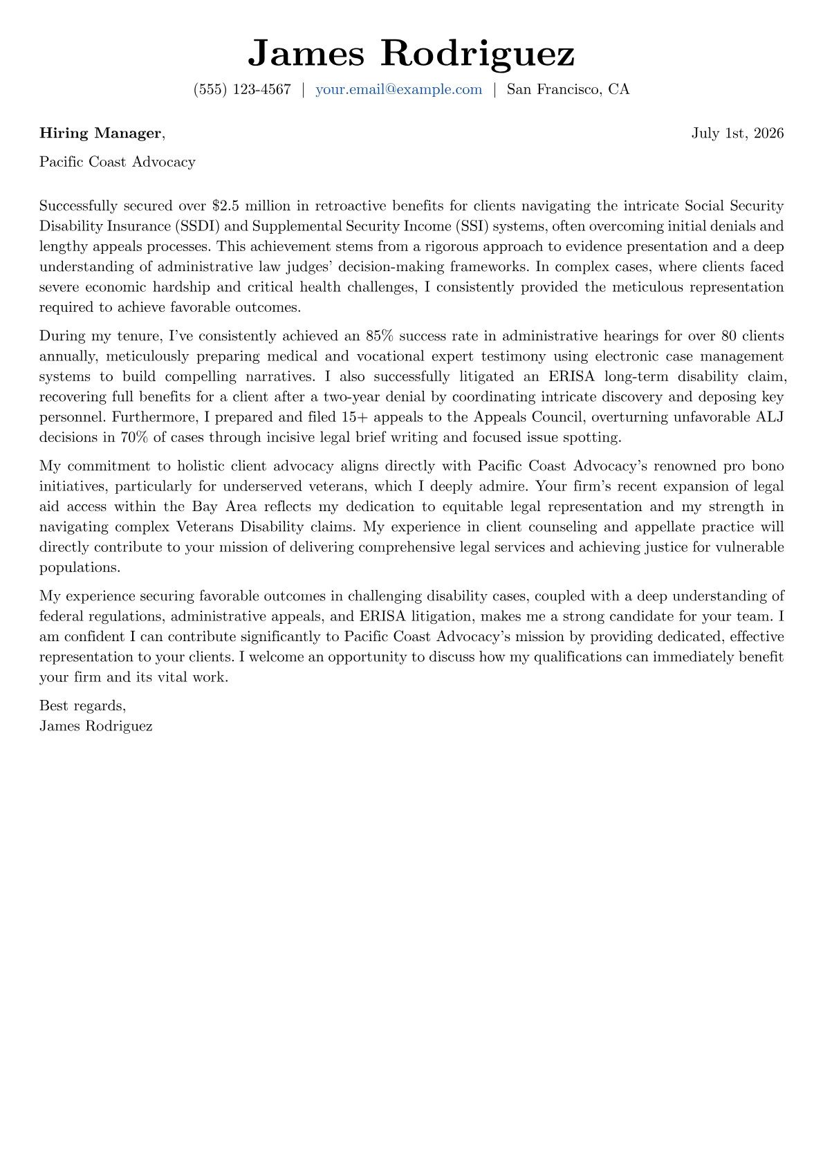 Disability Attorney cover letter formatted with a JobSprout template