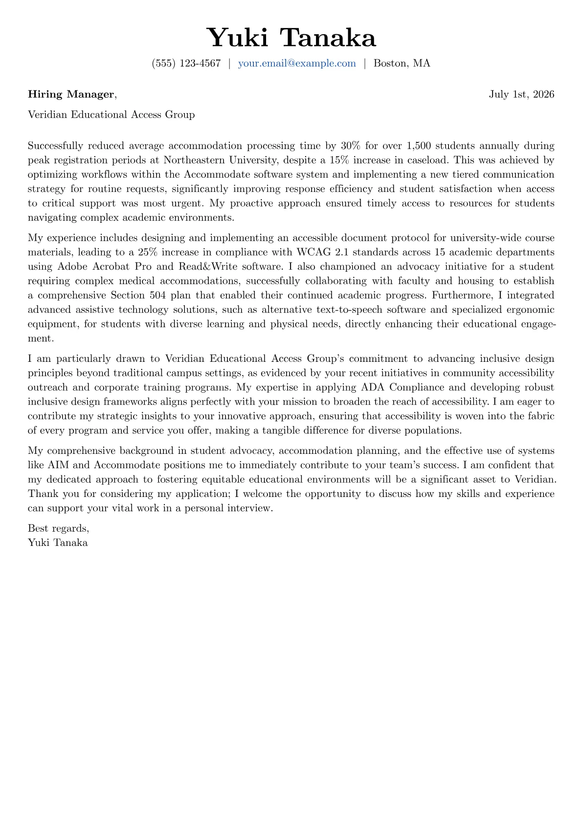 Disability Services Coordinator cover letter formatted with a JobSprout template