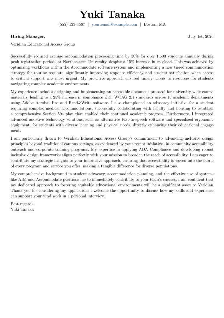 Disability Services Coordinator cover letter example preview