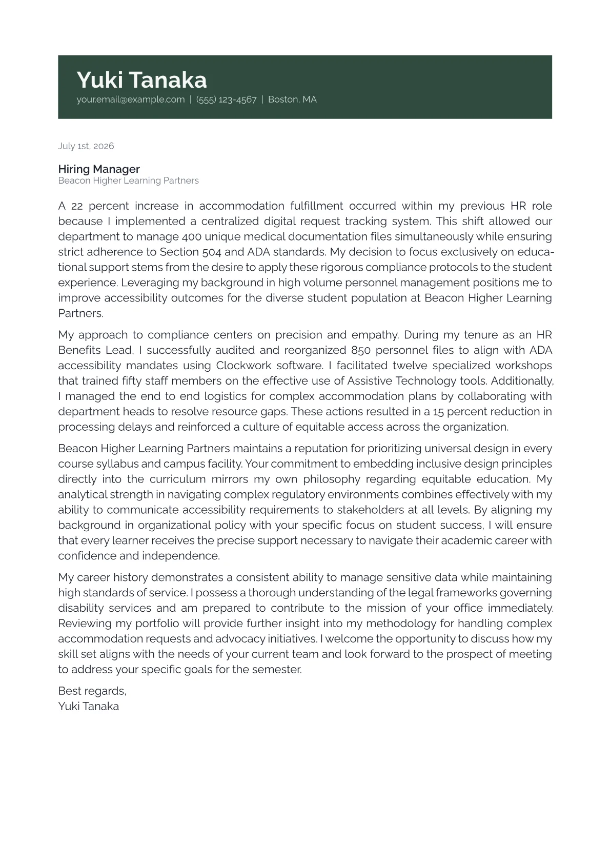 Disability Services Coordinator cover letter in the Banner design