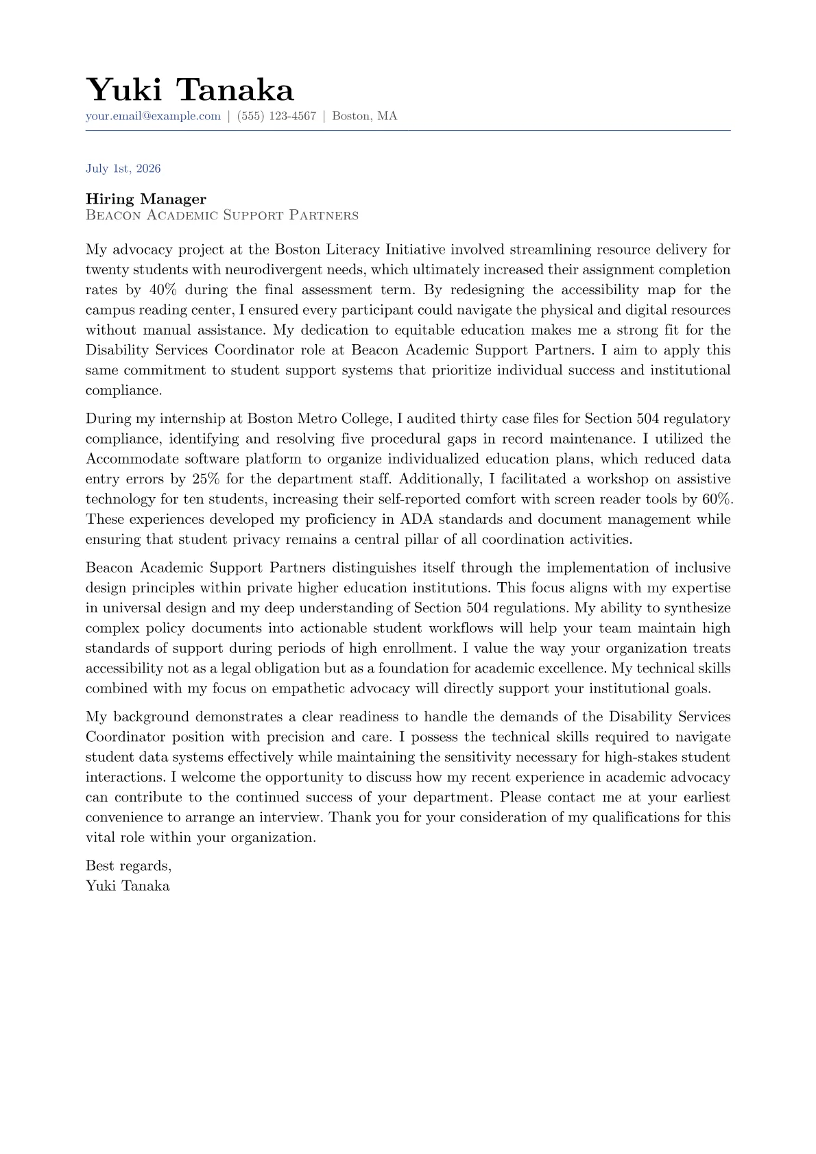 Disability Services Coordinator cover letter in the Classic design