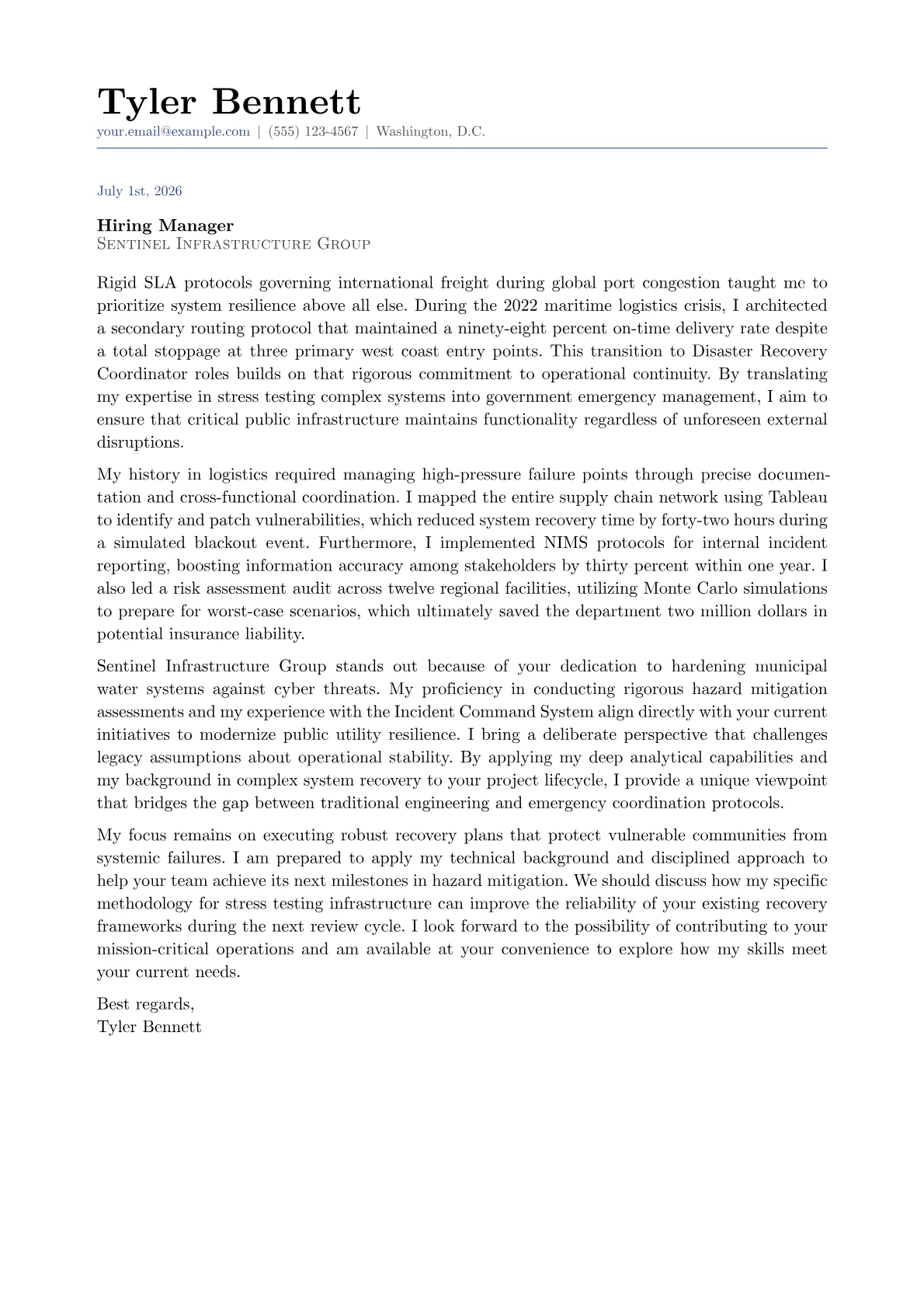 Disaster Recovery Coordinator cover letter in the Classic design