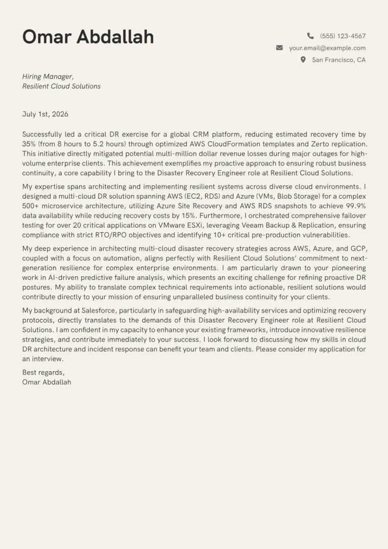 Disaster Recovery Engineer cover letter example preview