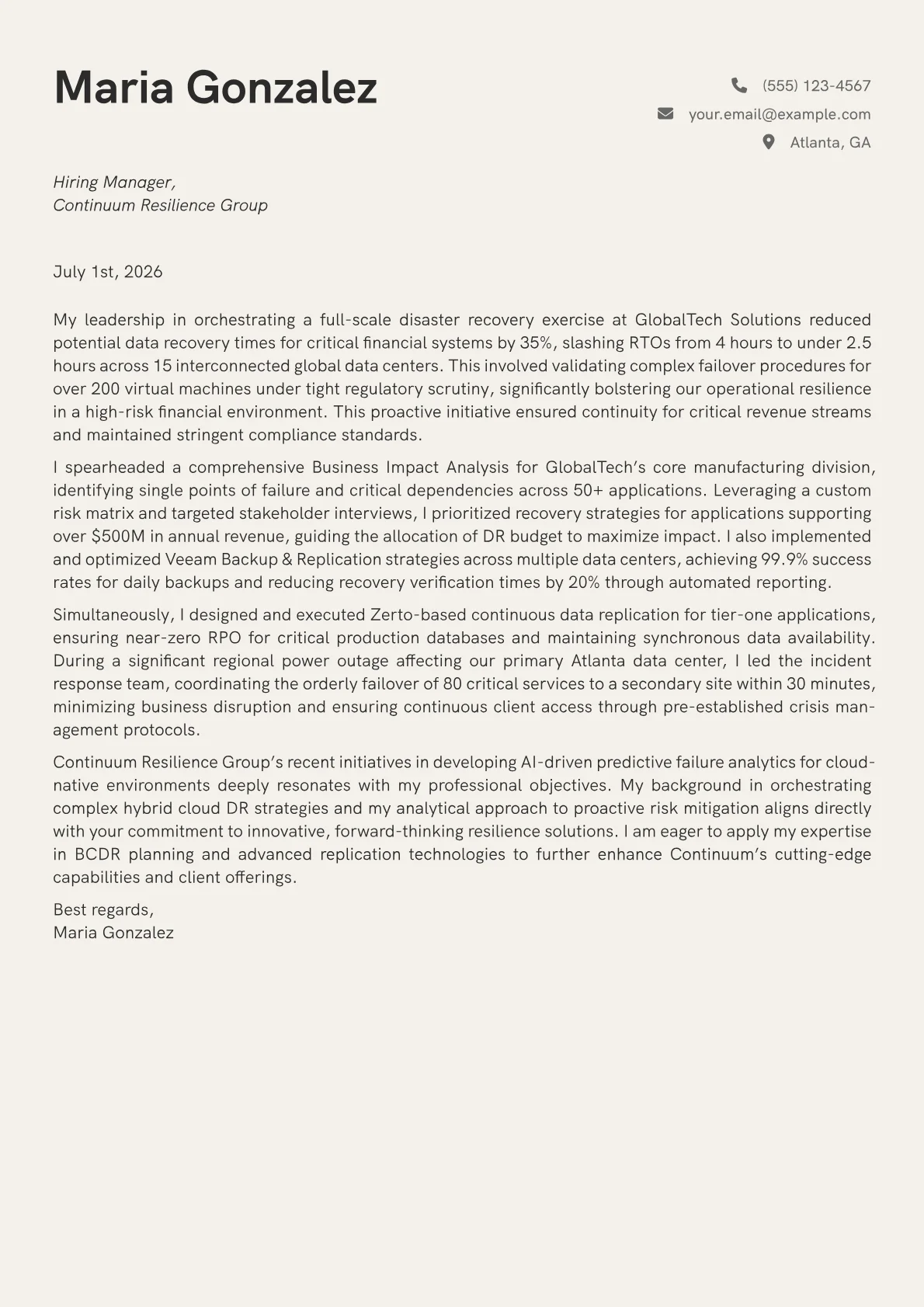Disaster Recovery Specialist cover letter formatted with a JobSprout template