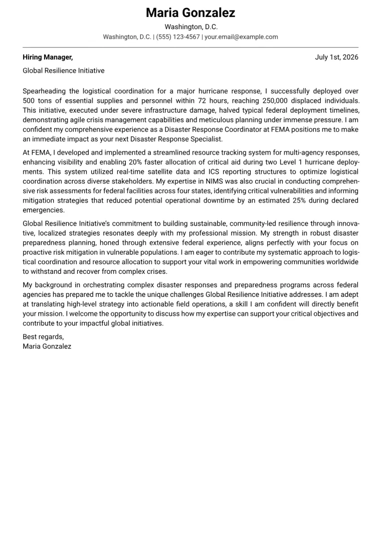 Disaster Response Specialist cover letter example preview