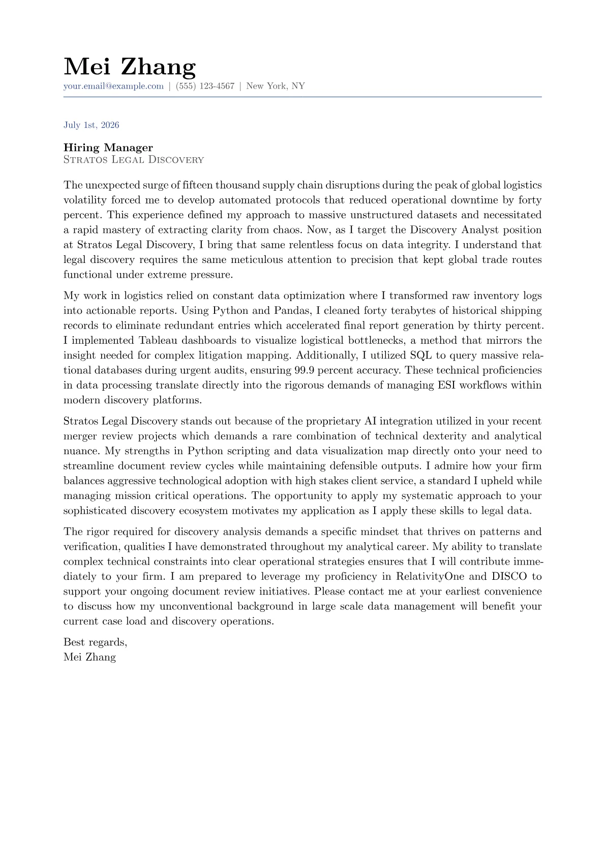 Discovery Analyst cover letter in the Classic design