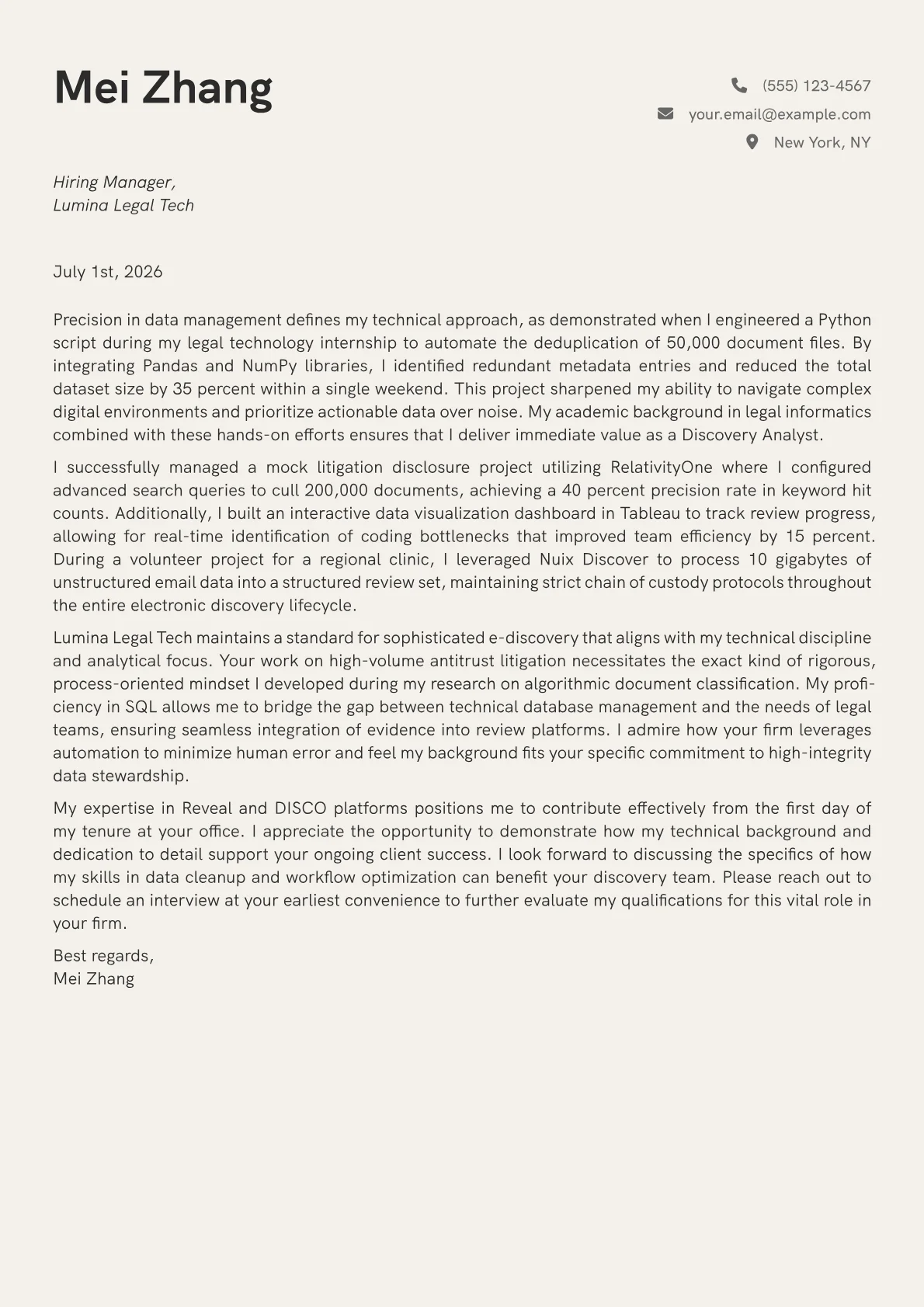 Discovery Analyst cover letter in the Creative design