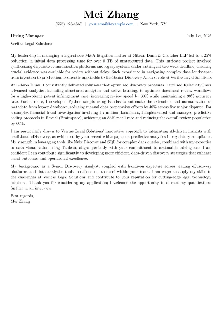 Discovery Analyst Cover Letter Example
