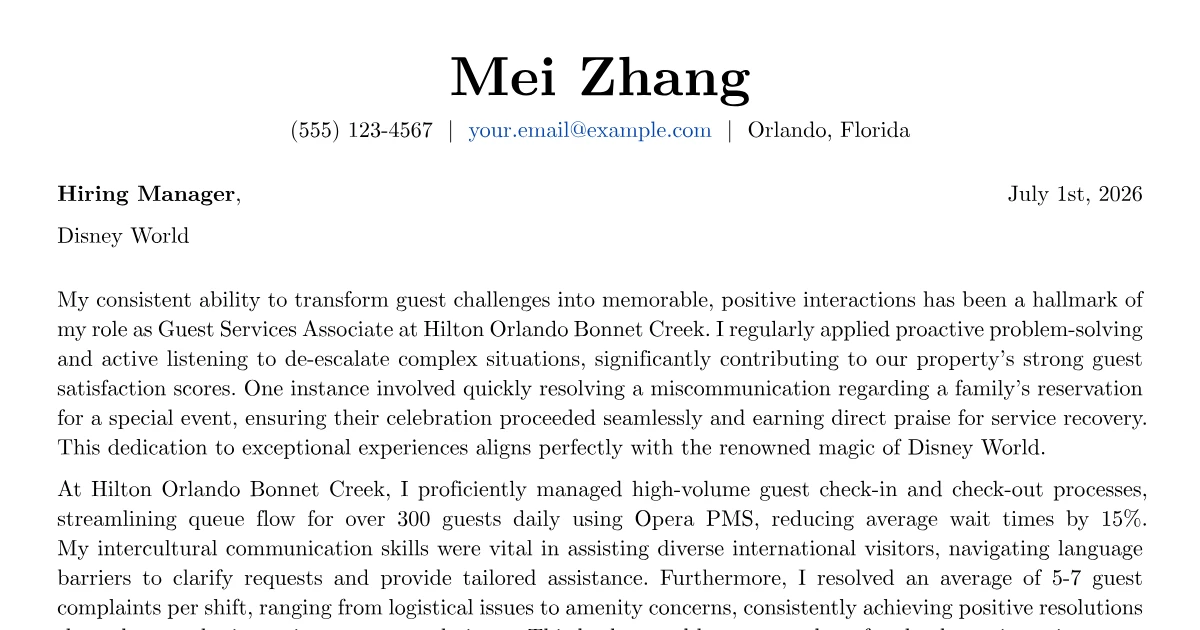 Disney World Cover Letter Example + Template (2026)