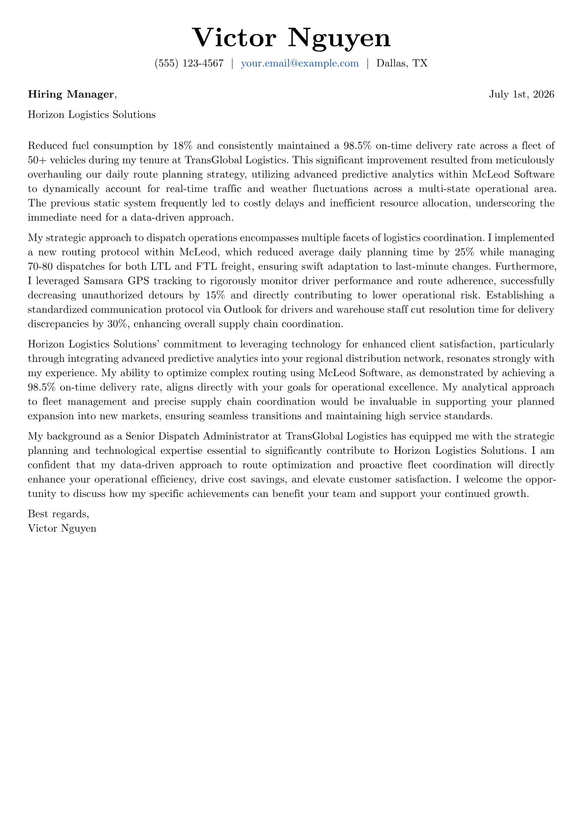Dispatch Administrator cover letter formatted with a JobSprout template