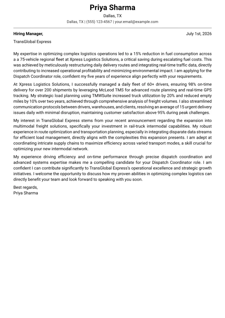 Dispatch Coordinator cover letter example preview