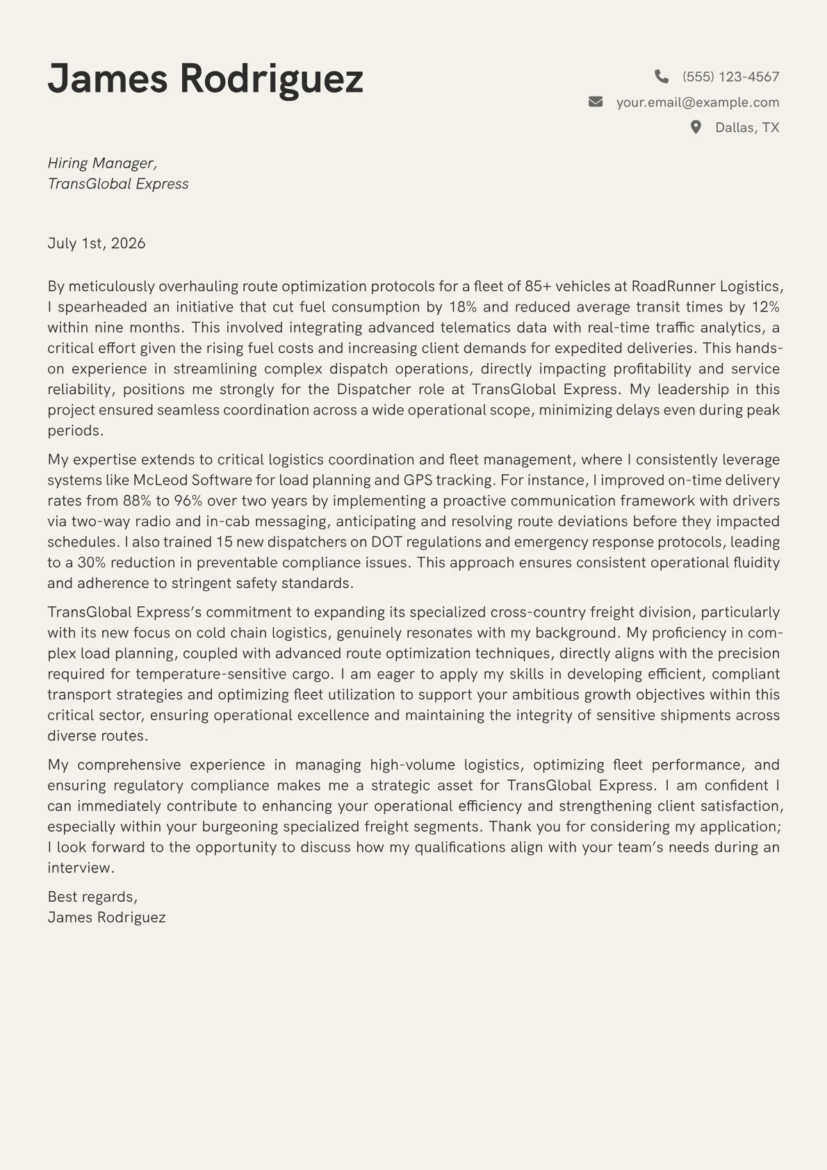 Dispatcher cover letter formatted with a JobSprout template