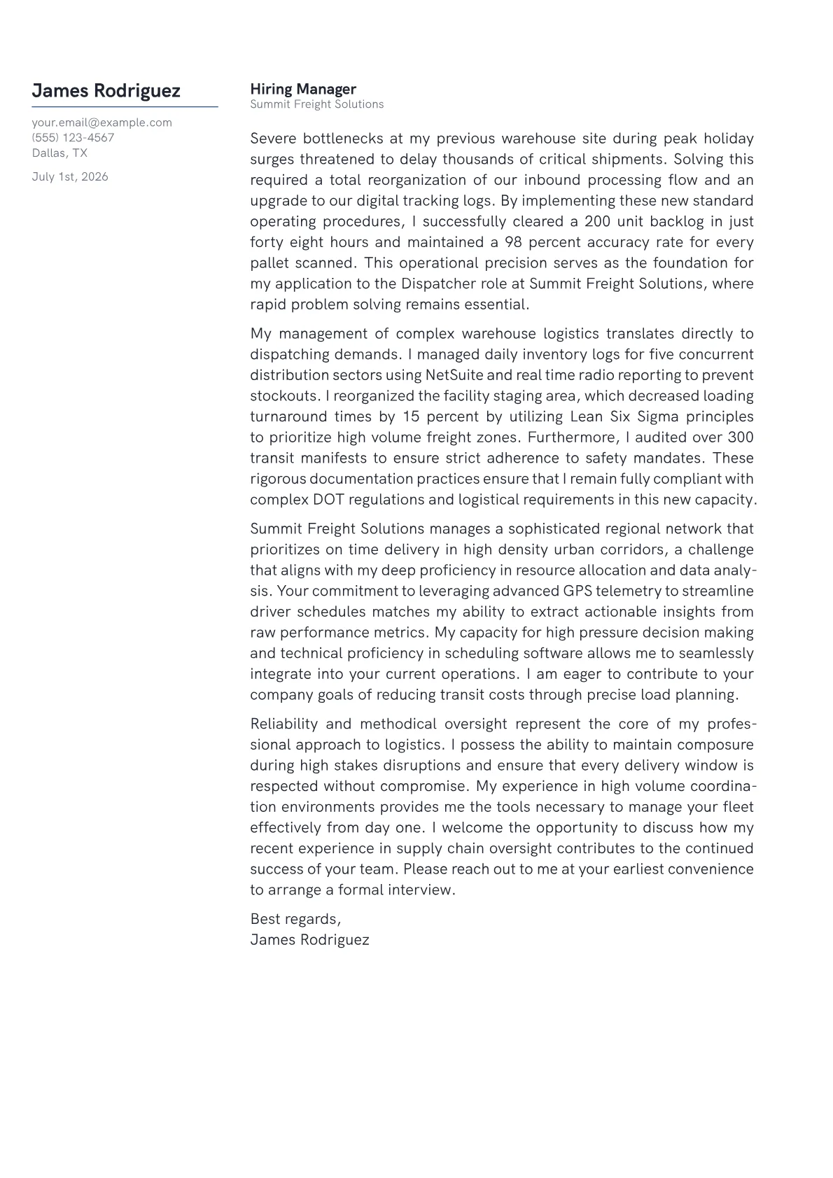 Dispatcher cover letter in the Margin design