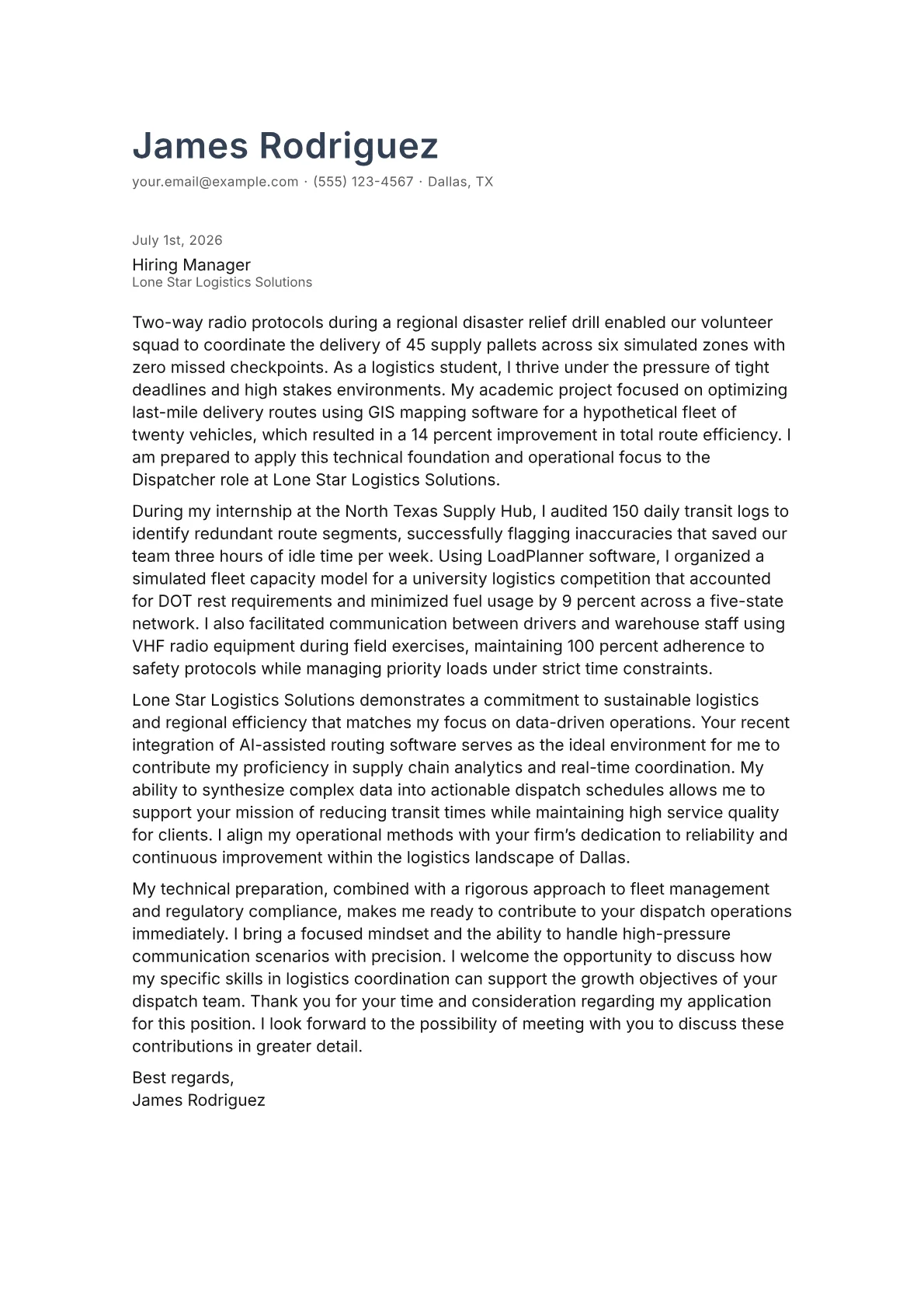 Dispatcher cover letter in the Minimal design