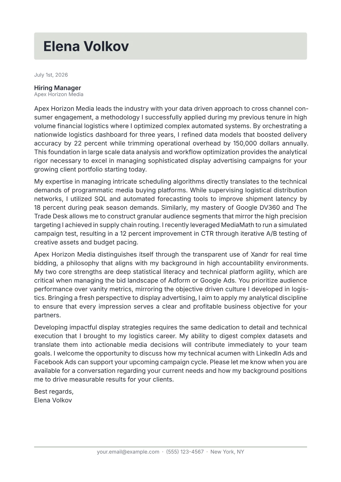 Display Advertising Specialist cover letter in the Letterhead design