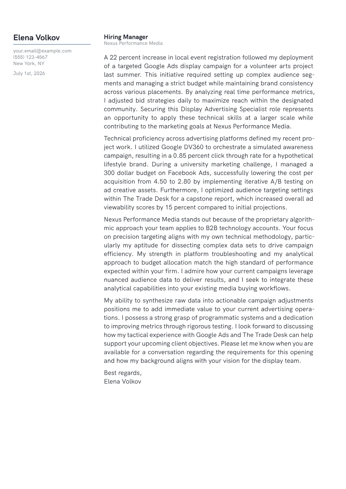 Display Advertising Specialist cover letter in the Margin design