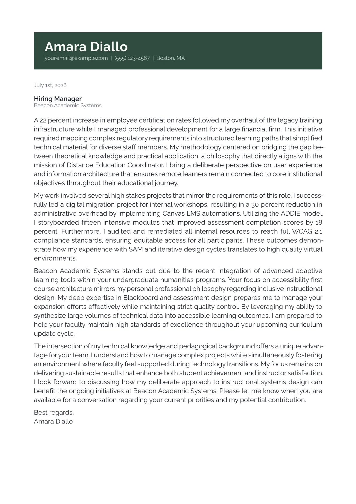 Distance Education Coordinator cover letter in the Banner design
