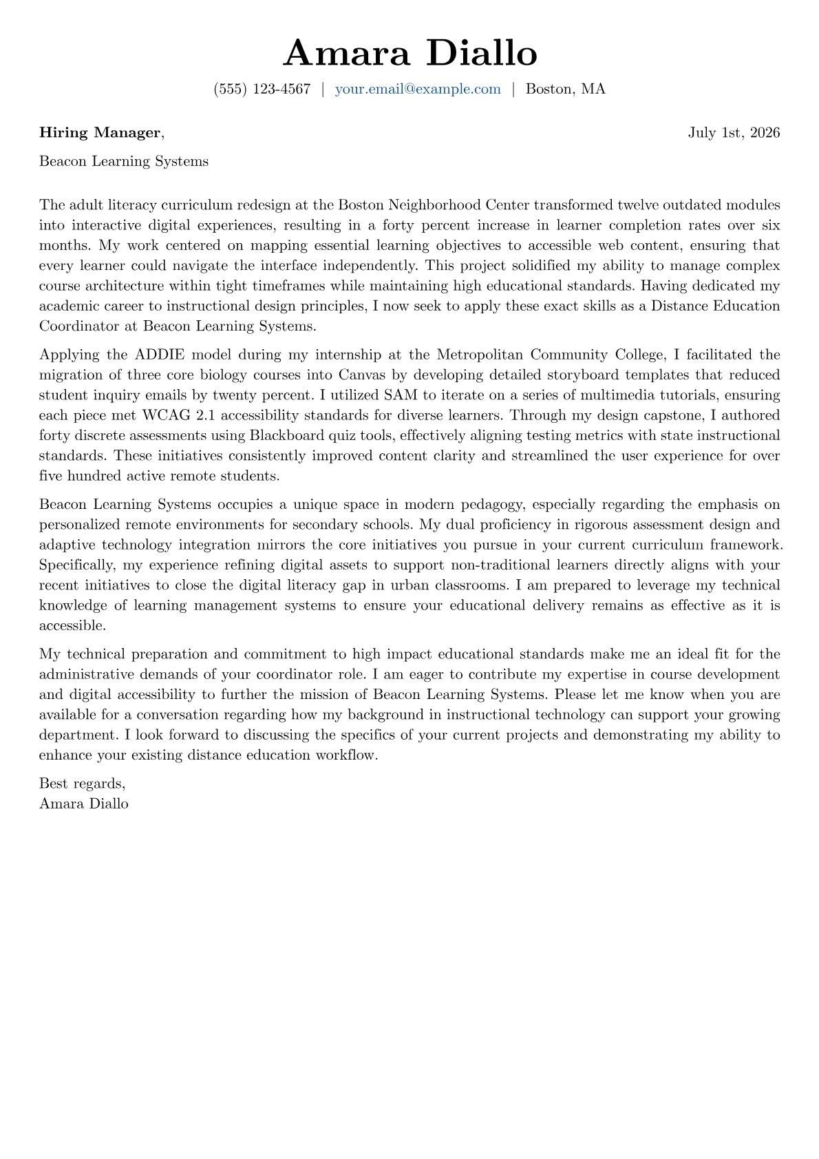 Distance Education Coordinator cover letter in the Basic design