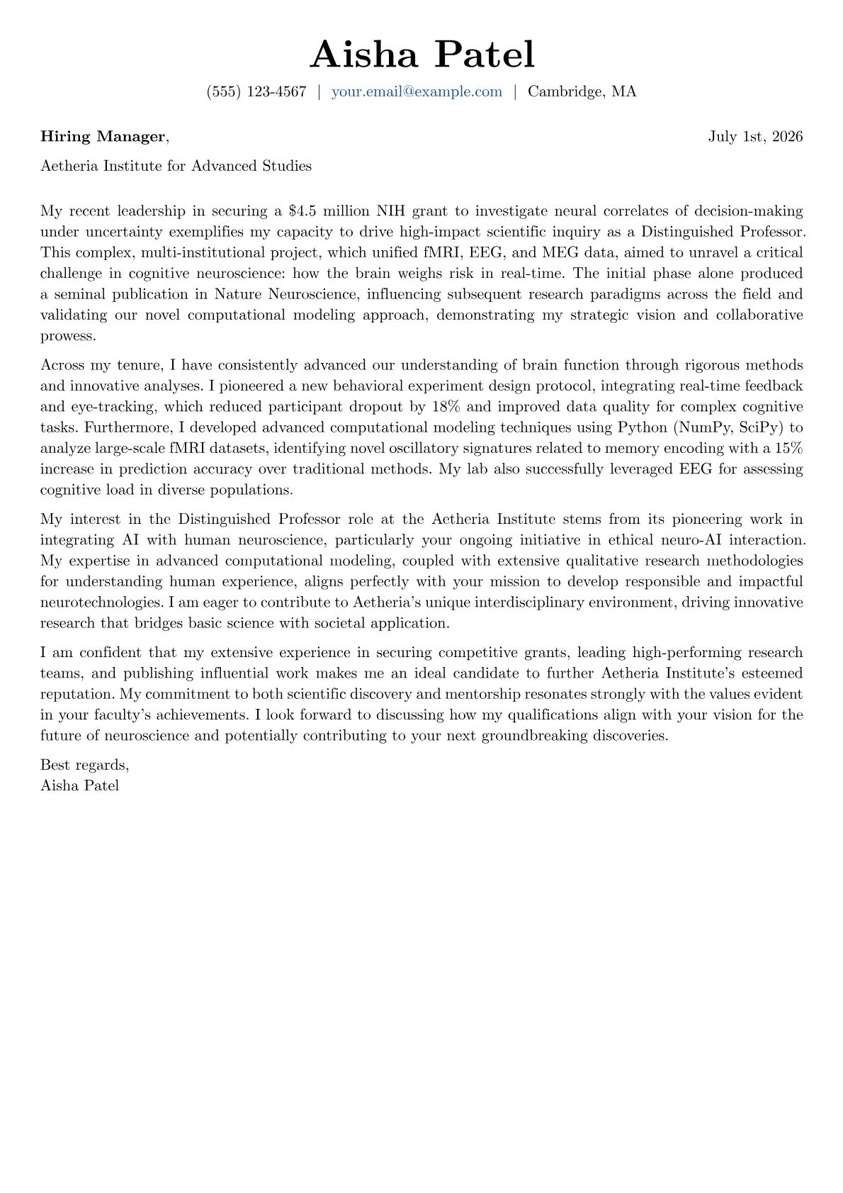 Distinguished Professor cover letter formatted with a JobSprout template