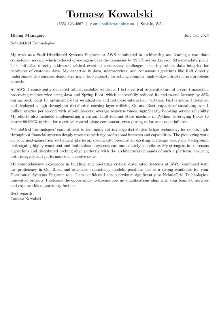 Distributed Systems Engineer cover letter example preview