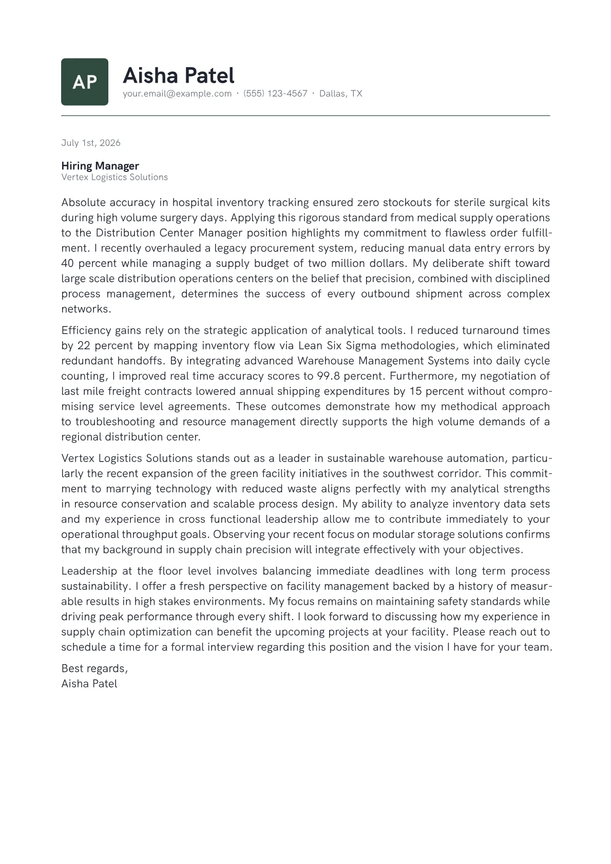 Distribution Center Manager cover letter in the Emblem design