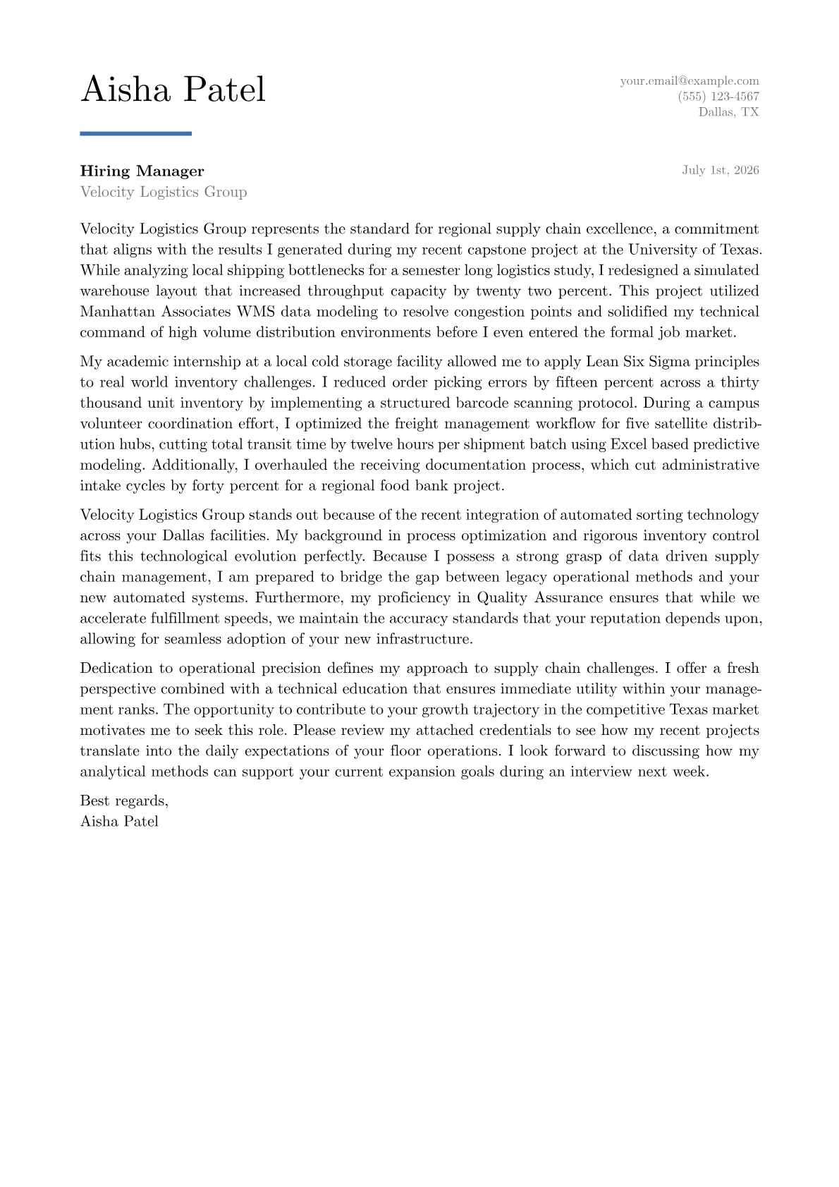 Distribution Center Manager cover letter in the Executive design