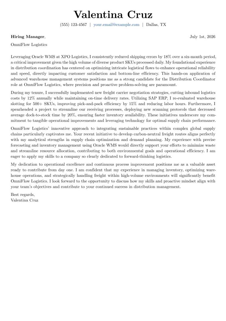 Distribution Coordinator cover letter example preview