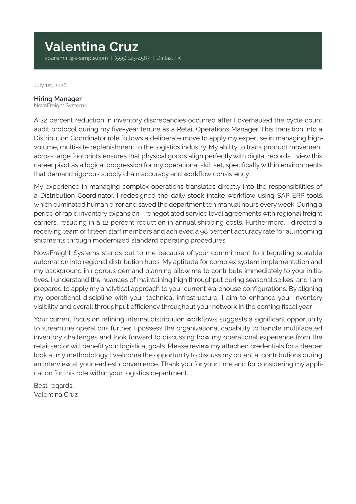 Distribution Coordinator cover letter in the Banner design