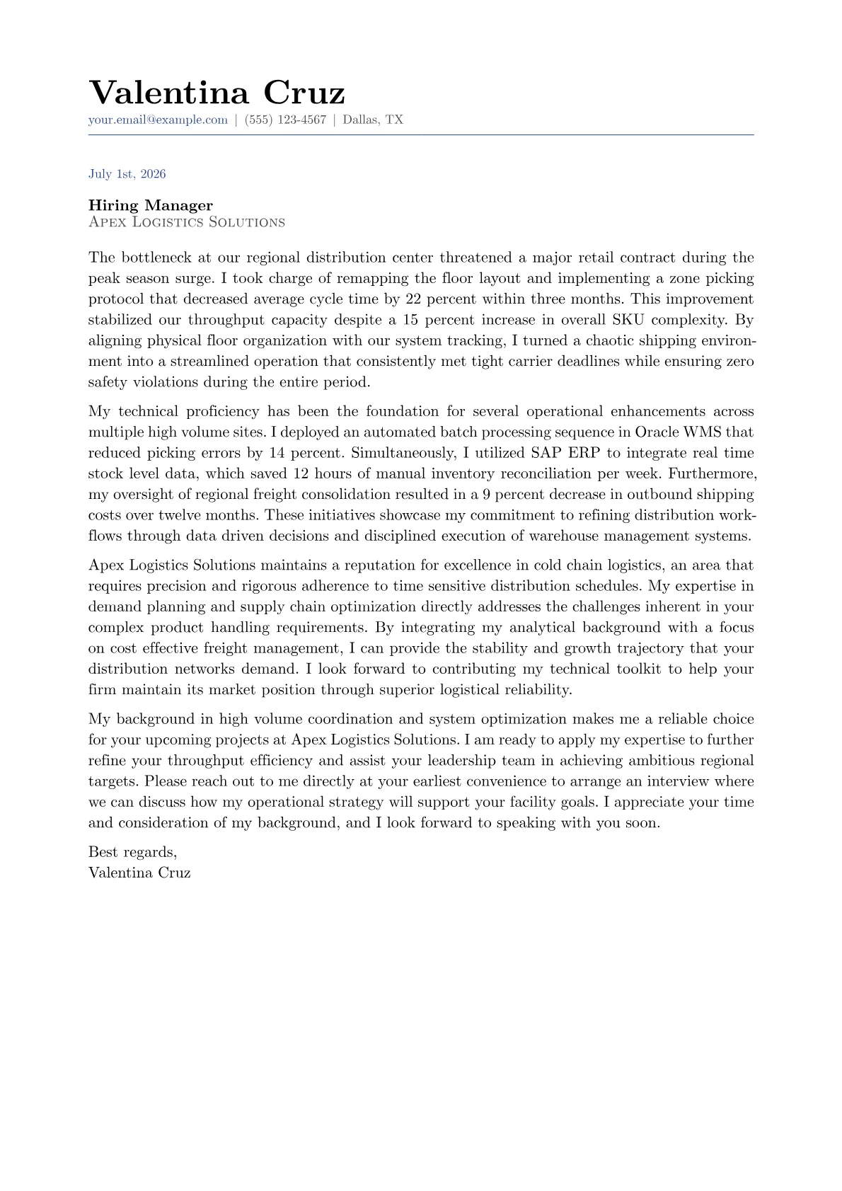 Distribution Coordinator cover letter in the Classic design