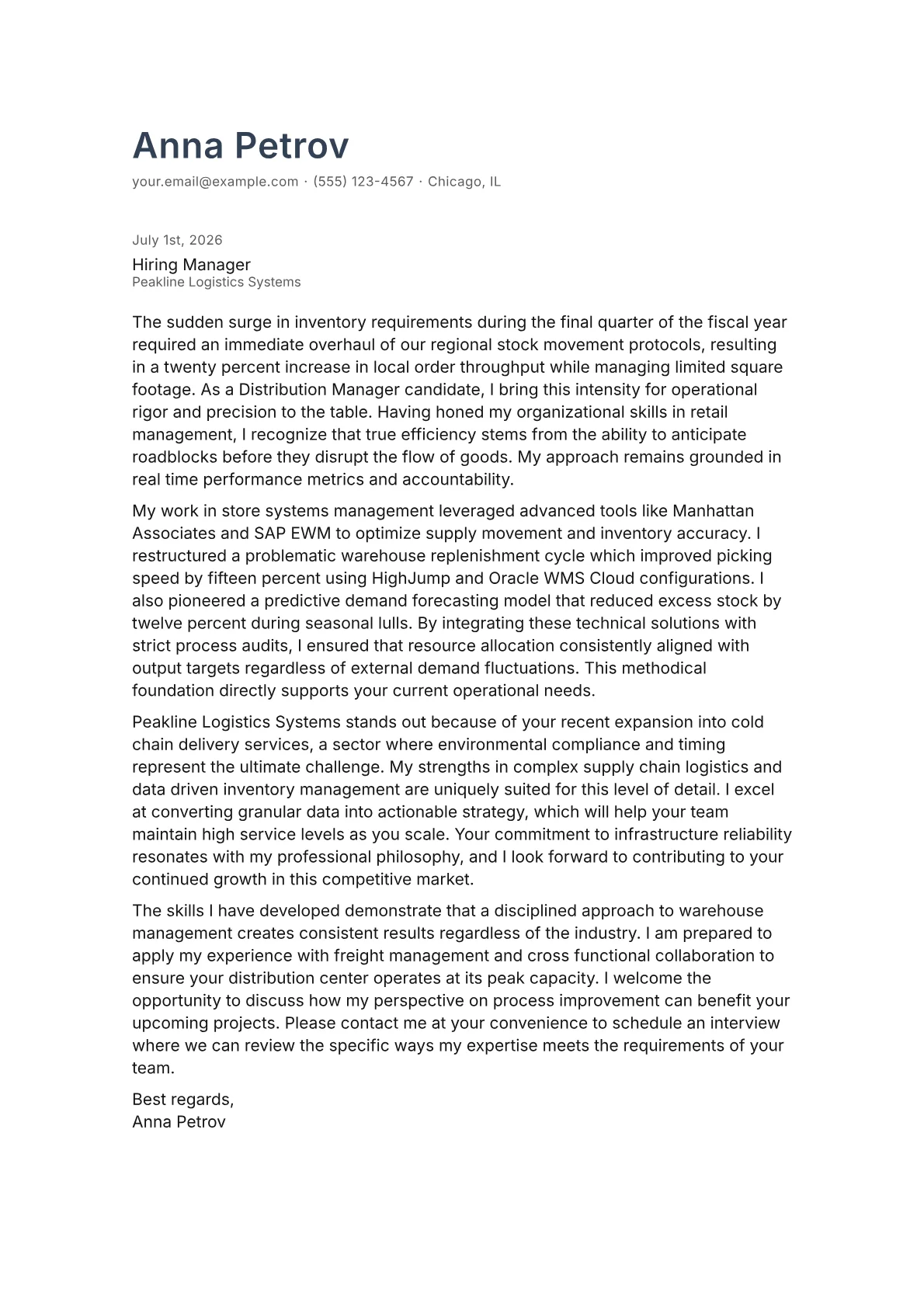 Distribution Manager cover letter in the Minimal design