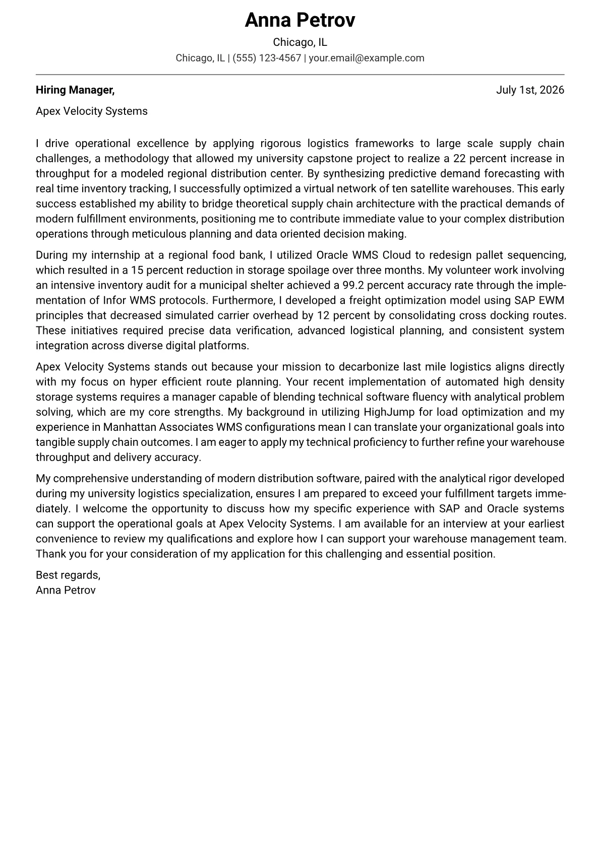 Distribution Manager cover letter in the Modern design