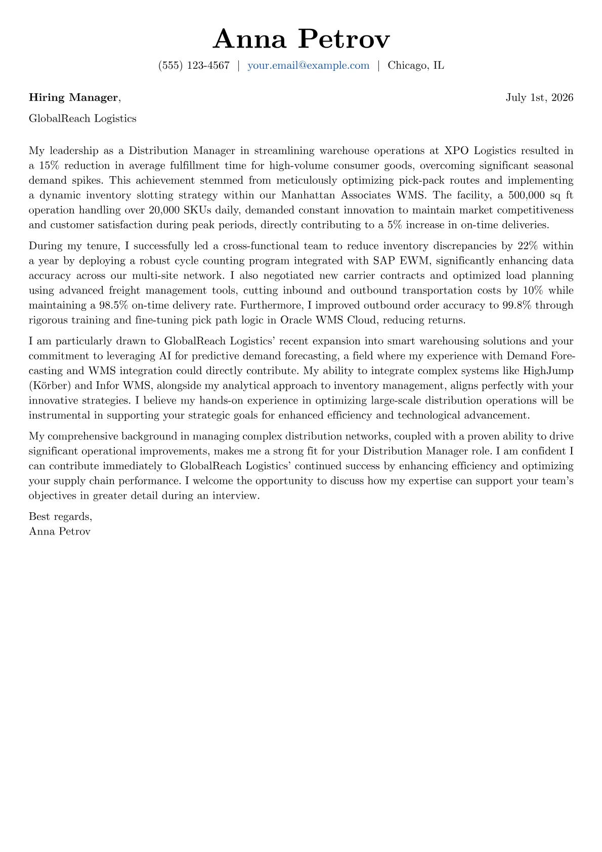 Distribution Manager cover letter formatted with a JobSprout template