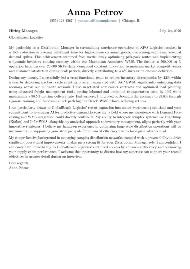 Distribution Manager cover letter example preview