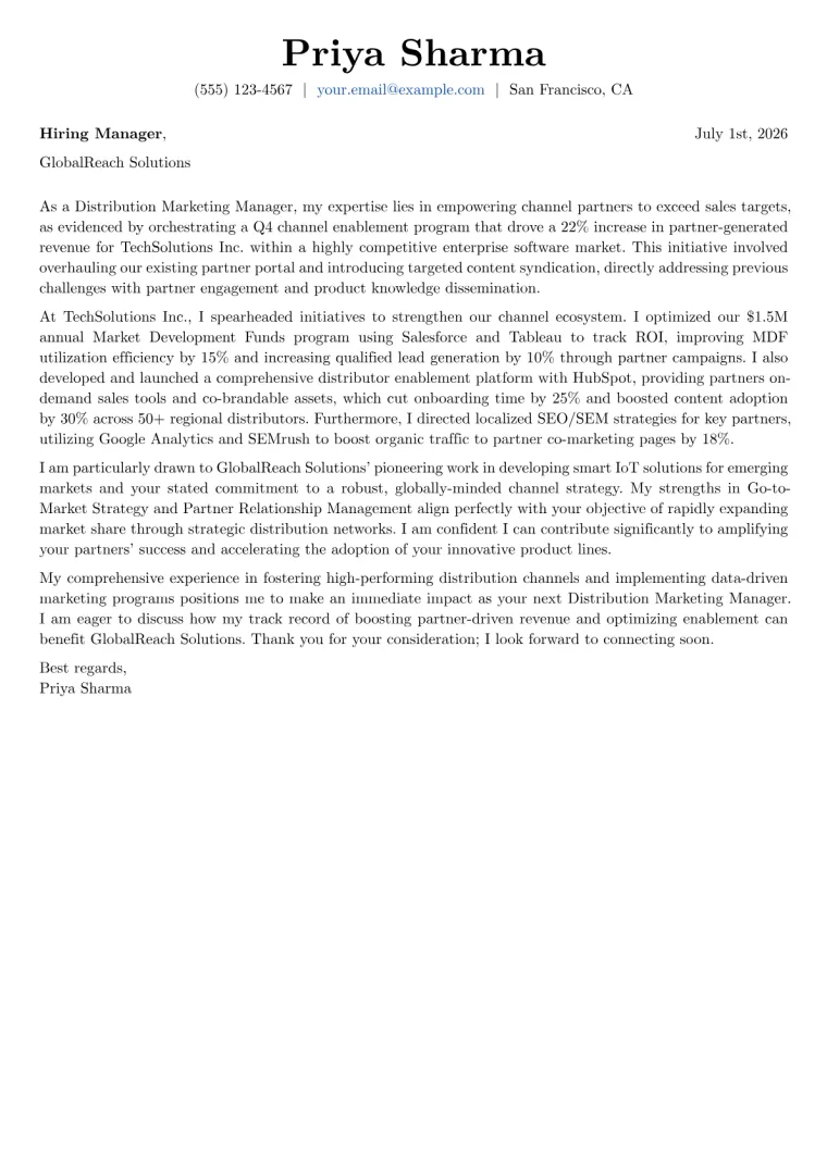 Distribution Marketing Manager cover letter example preview