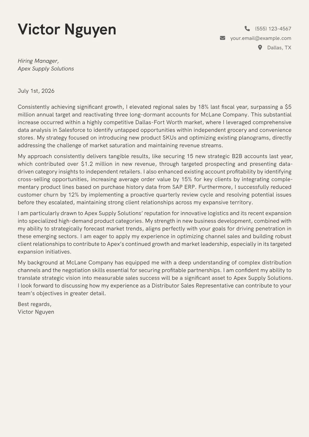 Distributor Sales Representative cover letter formatted with a JobSprout template