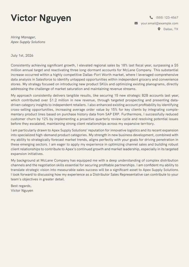 Distributor Sales Representative cover letter example preview