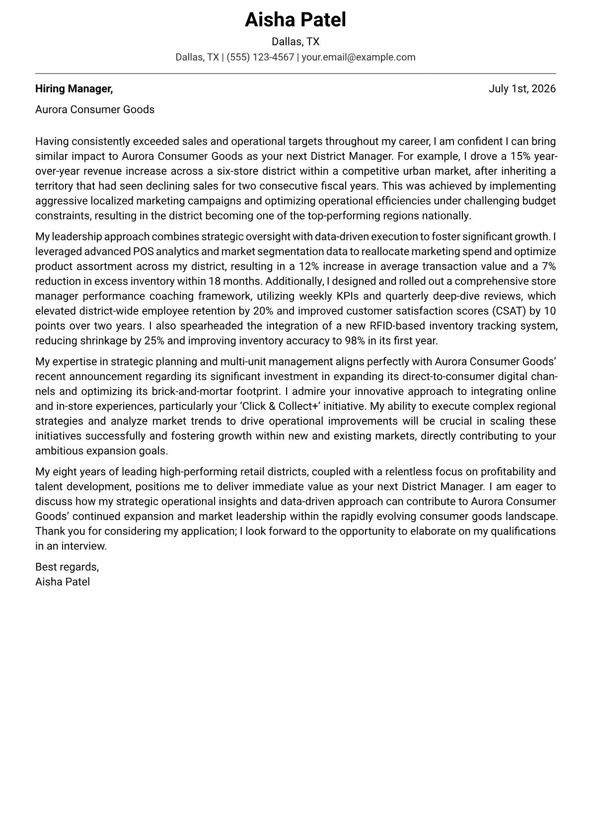 District Manager cover letter formatted with a JobSprout template