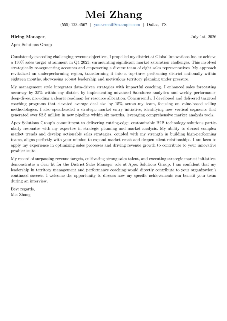 District Sales Manager Cover Letter Example