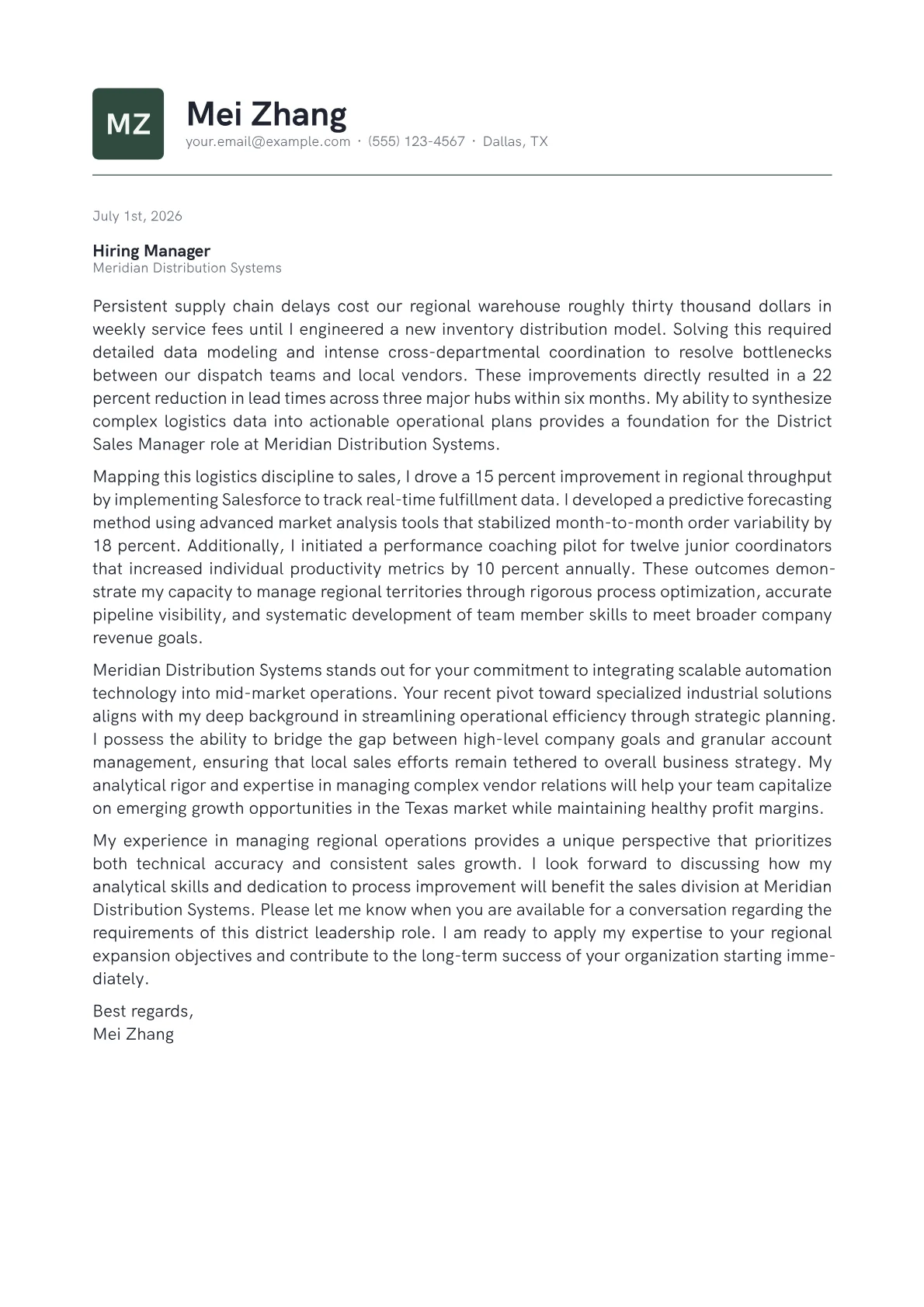 District Sales Manager cover letter in the Emblem design