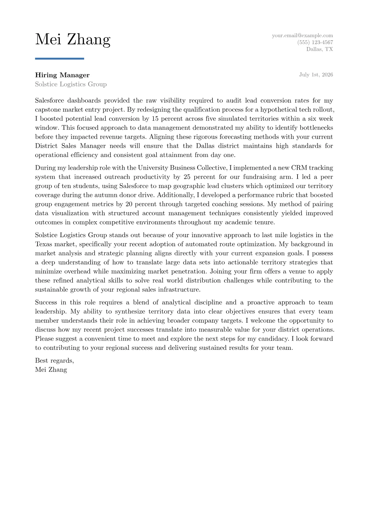 District Sales Manager cover letter in the Executive design