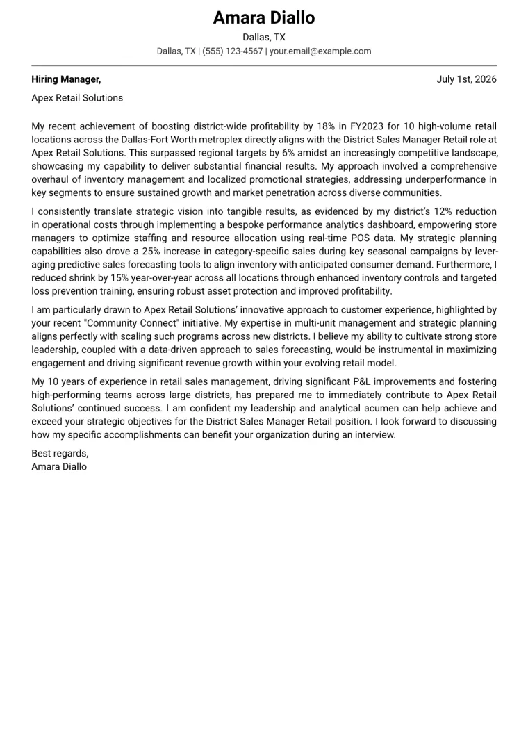 District Sales Manager Retail Cover Letter Example