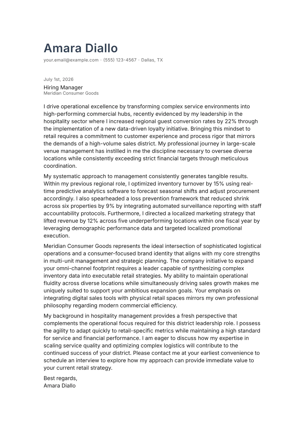 District Sales Manager Retail cover letter in the Minimal design