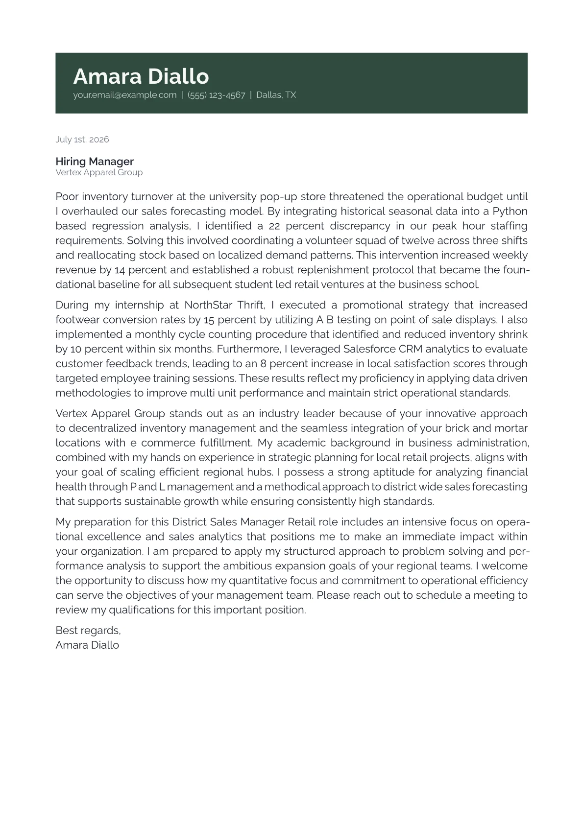 District Sales Manager Retail cover letter in the Banner design
