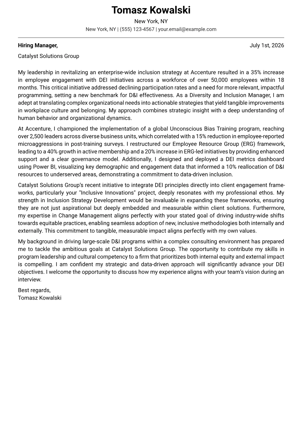 Diversity and Inclusion Manager cover letter formatted with a JobSprout template